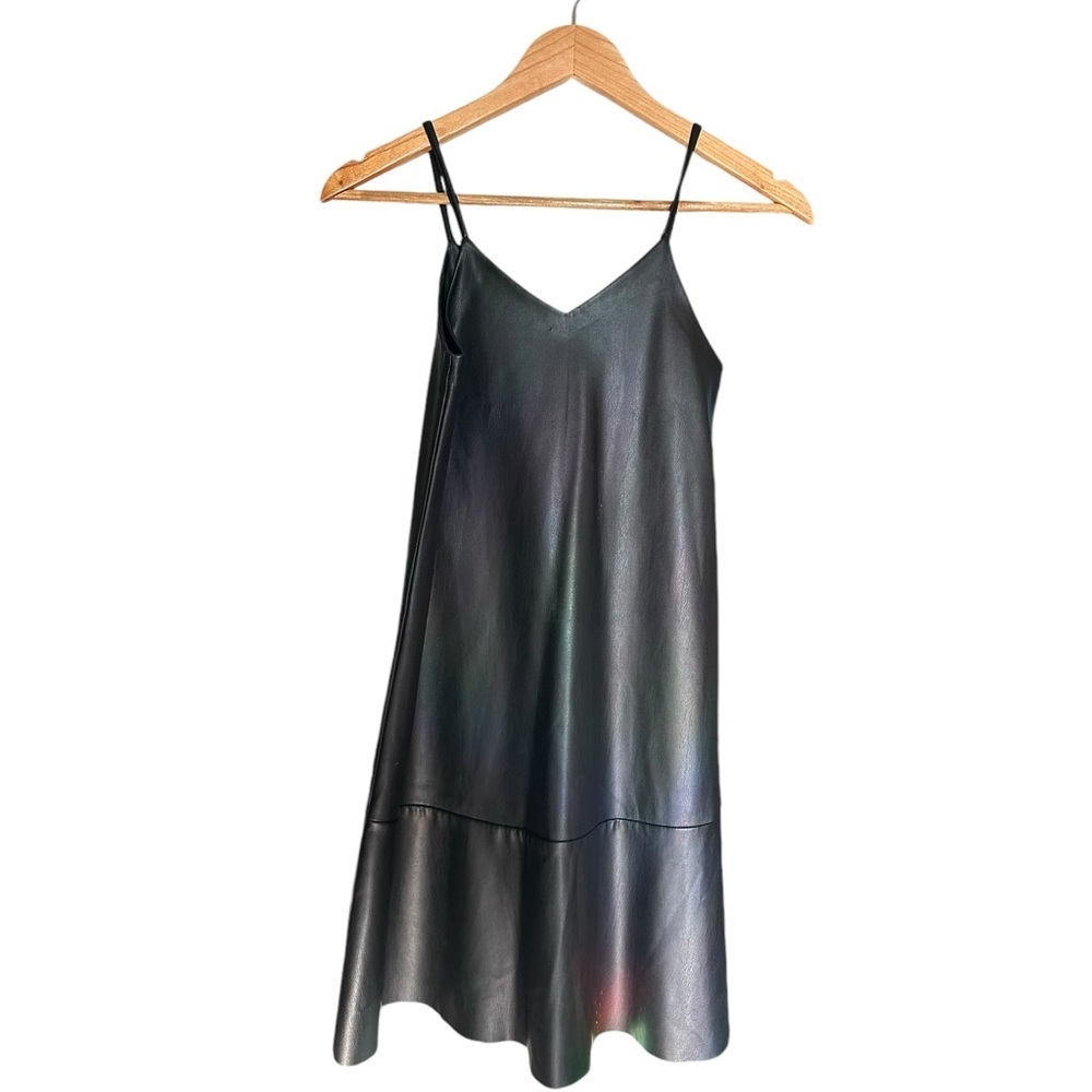 Zara Womens Faux Leather Solid Black V Neck Strap Tank Skater Dress size 9